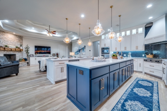 kitchen island with blue cabinets